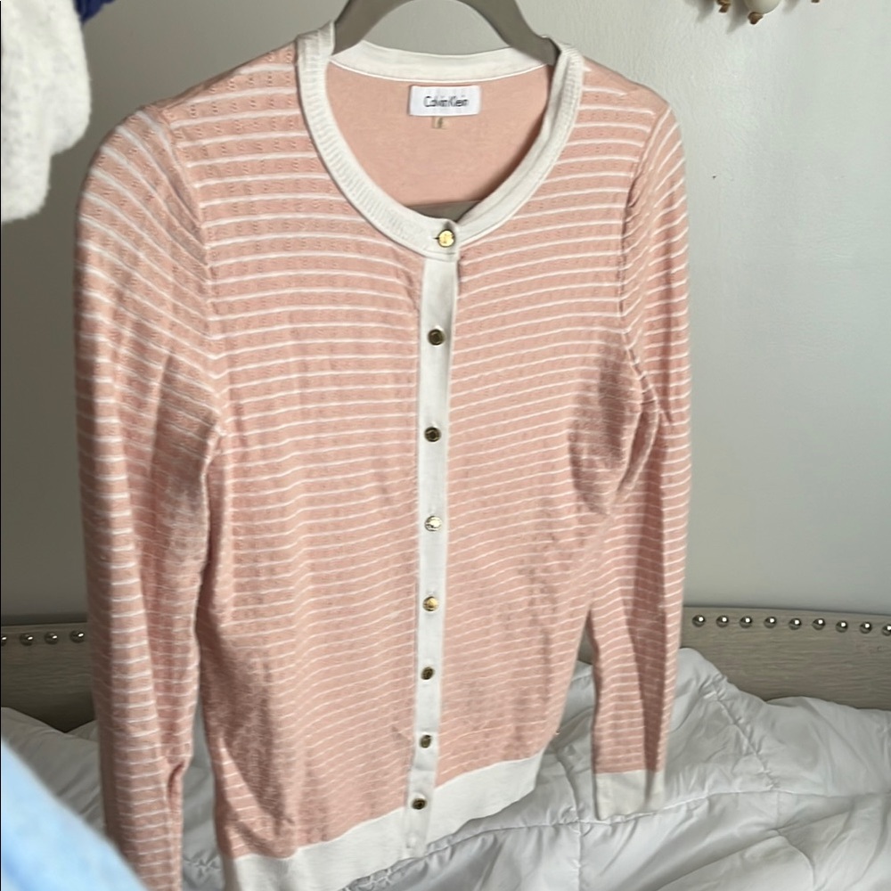 Calvin Klein Pink & White Patterned Women's Cardigan Sweater
